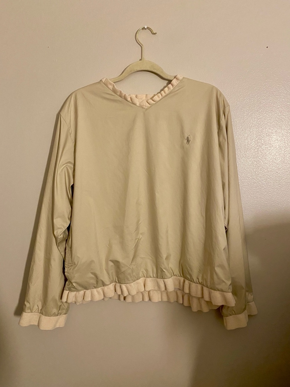 Vintage Ralph Lauren Tan Ruffle-Trim V-Neck Pullover Large